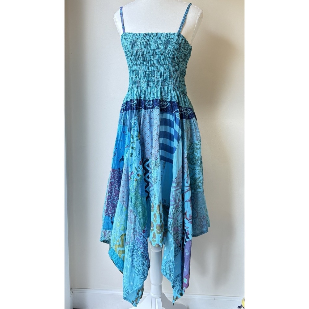 Etc by Lazy Daisy Patchwork Bohemian Asymmetric Free Size Blue Hippie Festival
